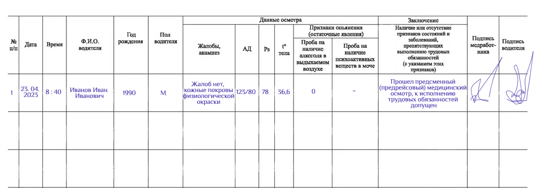 заполненный образец журнала предрейсового журнала